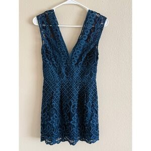 Free People Teal Blue Lace Mini Dress V-Neck Sleeveless OB534355 Size 2 NEW
